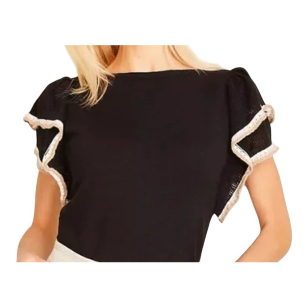 Ann Taylor Factory Black Ruffle Sleeve Lace Trim Knit Top S NWOT